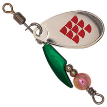 Palms SpinWalk Clevis spinner. Silver French blade, green keel body. Spinner comes with single hook (not shown). 