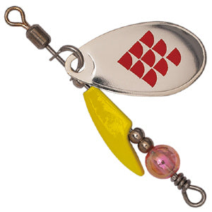 Palms SpinWalk Clevis spinner. Silver French blade, yellow keel body. Spinner comes with single hook (not shown). 